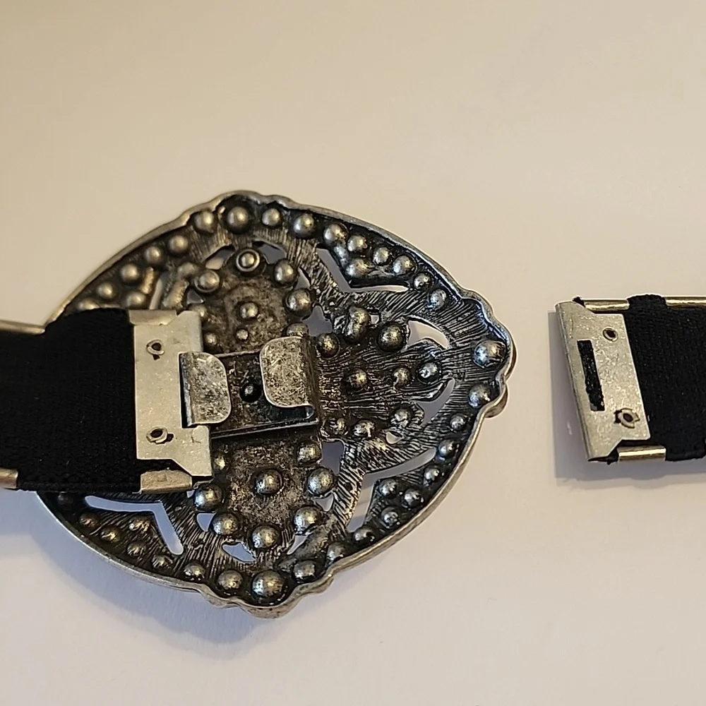 Blingy Belt Blue Shiny Rhinestone W/ Floral Crystal Buckle Stretch Black Elastic